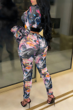 Blue Sexy Print Mesh Half A Turtleneck Long Sleeve Two Pieces