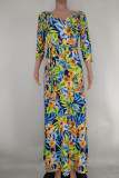 Multicolor Fashion Casual Print Bandage V Neck Long Dress