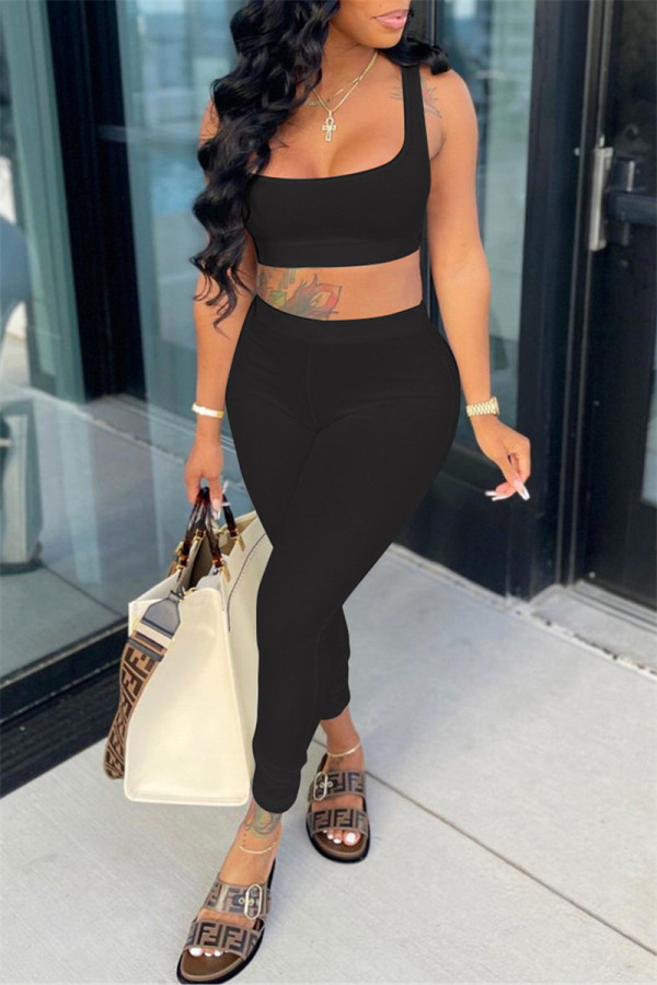 Black Casual Sportswear Solid Backless Boat Neck Sleeveless Two Pieces
