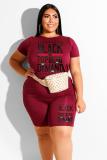 Black Fashion Casual adult O Neck Letter Patchwork Print Two Piece Suits Plus Size