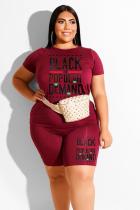 Wine Red Fashion Casual adult O Neck Letter Patchwork Print Two Piece Suits Plus Size