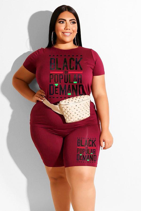Wine Red Fashion Casual adult O Neck Letter Patchwork Print Two Piece Suits Plus Size