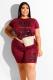 Wine Red Fashion Casual adult O Neck Letter Patchwork Print Two Piece Suits Plus Size
