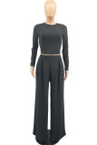 Blue Fashion Casual Solid Basic O Neck Long Sleeve Two Pieces