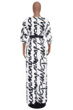 White Casual 3/4 Length Sleeves V Neck A-Line Ankle-Length Print Dresses