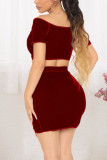 Black Sexy Solid Hollowed Out Patchwork Frenulum Off the Shoulder Short Sleeve Two Pieces