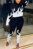 Blue Casual Print O Neck Long Sleeve Two Pieces