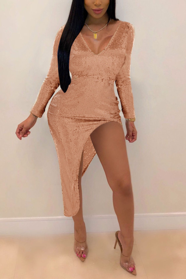 Pink Fashion Sexy Solid Sequins Patchwork V Neck Irregular Dress