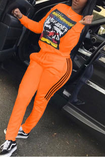 Orange Fashion Casual Adult Print Patchwork O Neck Long Sleeve Regular Sleeve Regular Two Pieces
