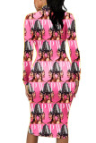 Yellow Fashion Casual Adult Print Patchwork O Neck Long Sleeve Knee Length A Line Dresses