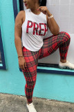 Red Fashion Casual adult Plaid Letter Patchwork Print Two Piece Suits pencil Sleeveless Two Pieces