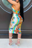 Blue Sexy Print Patchwork Halter Sleeveless Two Pieces