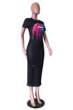 Grey Fashion adult OL Black Grey Cap Sleeve Short Sleeves O neck Asymmetrical Mid-Calf Print Patchwork hole lip Dresses