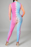 Multicolor Sexy Patchwork Hollowed Out Tie-dye Half A Turtleneck Skinny Jumpsuits