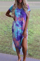 Blue Casual Patchwork Tie-dye V Neck Straight Dresses