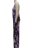 Blue Sexy Print High Opening Spaghetti Strap Irregular Dress Dresses