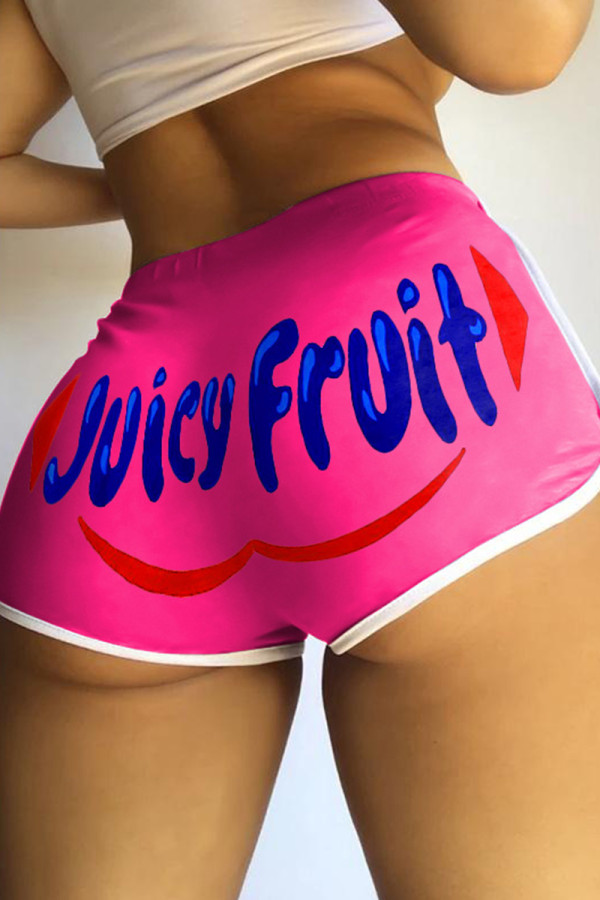 Rose Red Fashion Casual Letter Print Basic Regular Mid Waist Shorts