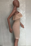 Beige Fashion Sexy Solid Backless Slit Spaghetti Strap Sleeveless Dress