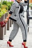 Black White Street Plaid Patchwork Turndown Collar Long Sleeve Two Pieces