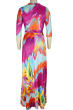 Rose Purple Elegant Print Tie Dye Bandage Patchwork V Neck Straight Dresses