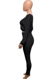 Black Active Europe and America Street Solid Skinny Long Sleeve Two Pieces