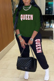 Blue Fashion Casual Letter Print Letter O Neck Long Sleeve Two Pieces