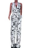 Black White Sexy Print Bandage Patchwork V Neck Loose Jumpsuits