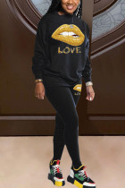 Black Fashion adult Ma'am Street Patchwork Print Two Piece Suits pencil Long Sleeve Two Pieces