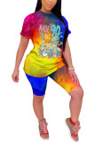 Orange Fashion Casual adult Ma'am Patchwork Print Character Tie Dye Two Piece Suits Straight Short Sleeve Two Pieces