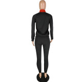 Black Elastic Fly Long Sleeve Mid Patchwork Print pencil Pants