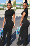 Orange Casual Fashion Slim fit crop top Solid Two Piece Suits Straight