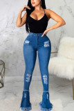 Blue Sexy Solid Ripped High Waist Boot Cut Denim