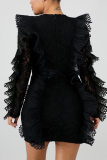 Black Fashion Solid Patchwork O Neck A Line Dresses