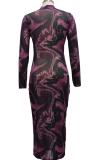 Purplish Red Sexy Print Patchwork Zipper Collar Pencil Skirt Dresses