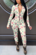 Cream White Casual Print Patchwork Zipper Collar Skinny Jumpsuits