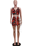 Blue Sexy Print Hollowed Out V Neck Sleeveless Two Pieces