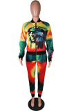 Blue Yellow Casual Print Tie Dye Patchwork O Neck Long Sleeve Two Pieces
