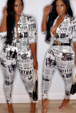 Yellow Fashion Sexy Slim fit Two Piece Suits Geometric Letter asymmetrical Print Skinny Half Slee