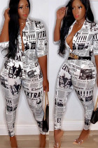 White Fashion Sexy Slim fit Two Piece Suits Geometric Letter asymmetrical Print Skinny Half Slee