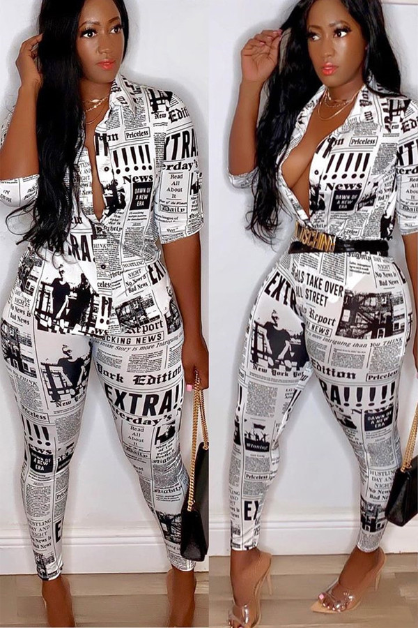 White Fashion Sexy Slim fit Two Piece Suits Geometric Letter asymmetrical Print Skinny Half Slee