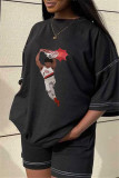 Black Red Fashion Casual Print Basic O Neck Short Sleeve Two Pieces