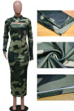Green Street Print Leopard O Neck Long Sleeve Two Pieces