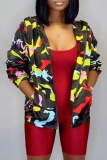 Black Casual Camouflage Print Patchwork Hooded Collar Outerwear