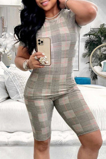 Grey Fashion Casual Print Basic O Neck Short Sleeve Two Pieces