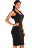 Black Sexy Cap Sleeve Short Sleeves V Neck Step Skirt Knee-Length Solid