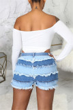 Baby Blue Fashion Casual Patchwork Ripped Mid Waist Straight Jeans