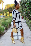 White Fashion adult Sexy Cap Sleeve Half Sleeves O neck Swagger Ankle-Length split Print Patchwo
