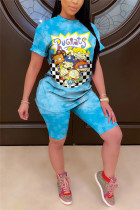 Blue Casual Print Patchwork O Neck Short Sleeve Two Pieces