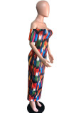 colour England Off The Shoulder Short Sleeves One word collar Pencil Dress Ankle-Length Print backless Dresses
