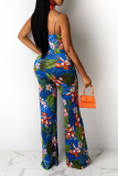 Yellow Sexy Print Hollowed Out Spaghetti Strap Straight Jumpsuits
